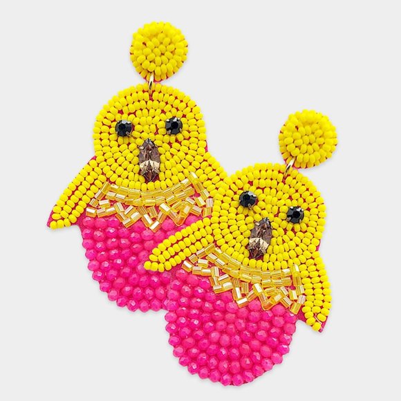 Felt Back Stone Seed Beaded Chick Dangle Earrings NEW - Picture 1 of 1